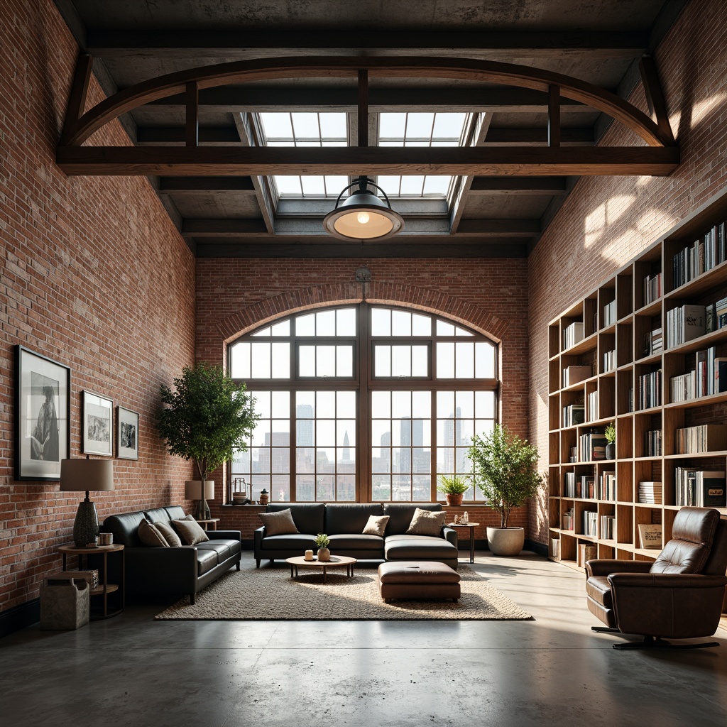 Prompt: Exposed brick walls, industrial metal beams, polished concrete floors, reclaimed wood accents, minimalist decor, natural light pouring through large skylights, urban cityscape views, cozy reading nooks, plush area rugs, modern sectional sofas, oversized industrial lamps, raw unfinished textures, distressed leather armchairs, eclectic art pieces, open-plan living areas, functional shelving units, warm neutral color palette, soft diffused lighting, shallow depth of field, 1/1 composition, cinematic camera angles, realistic rendering.