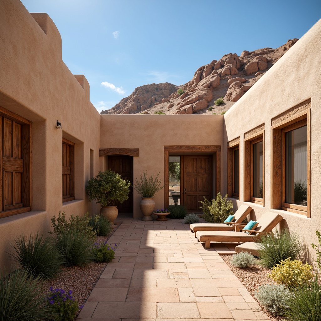 Prompt: Adobe earth tones, stucco walls, wooden accents, curved archways, ornate tile work, rustic metal details, vibrant turquoise accents, desert flora, sandy dunes, clear blue skies, warm natural lighting, shallow depth of field, 3/4 composition, panoramic view, realistic textures, ambient occlusion, Pueblo-inspired architecture, earthy color palette, organic shapes, hand-carved wooden doors, wrought iron fixtures, clay roof tiles, adobe brick patterns.