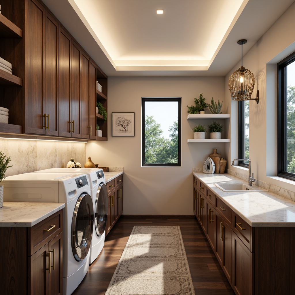 Prompt: Elegant laundry room, stylish cabinets, modern handles, soft-close drawers, high-gloss finishes, marble countertops, chrome faucets, white ceramic sinks, large capacity washing machines, dryers with steam functions, built-in folding tables, ironing boards, pendant lighting, warm beige walls, dark hardwood floors, natural stone accents, plants on shelves, decorative vases, calm atmosphere, soft ambient lighting, 1/1 composition, realistic textures, subtle reflections.