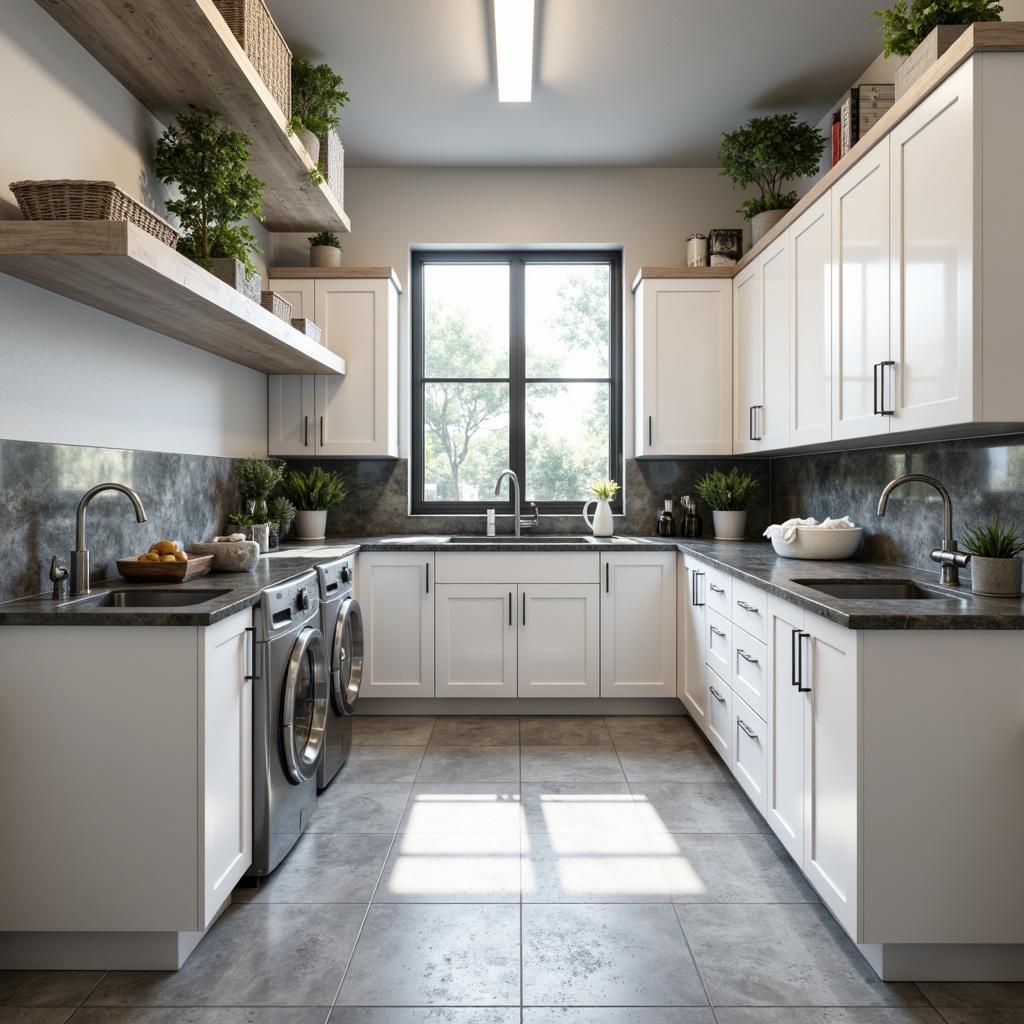 Prompt: Laundry room interior, durable countertops, resistant surfaces, white cabinets, chrome fixtures, modern appliances, stainless steel sinks, stone backsplashes, glossy finishes, bright overhead lighting, soft natural textures, clutter-free organization, functional storage, sleek hardware, industrial-style decor, urban minimalist vibe, high-contrast color scheme, shallow depth of field, 1/1 composition, realistic reflections.