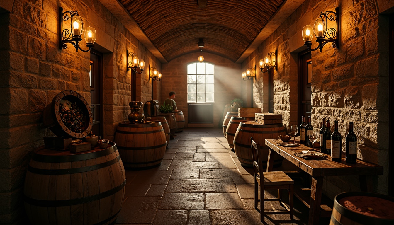 Prompt: Rustic wine cellar, stone walls, wooden barrels, dimly lit atmosphere, warm earthy tones, rich wood accents, ornate metal lanterns, soft golden lighting, cozy intimate ambiance, vintage wine bottles, elegant label designs, wooden wine crates, rustic wooden tables, leather-bound books, classic wine-making equipment, aged brick arches, dramatic shadows, high contrast ratio, cinematic mood, 1/2 composition, warm color palette, atmospheric fog effects.