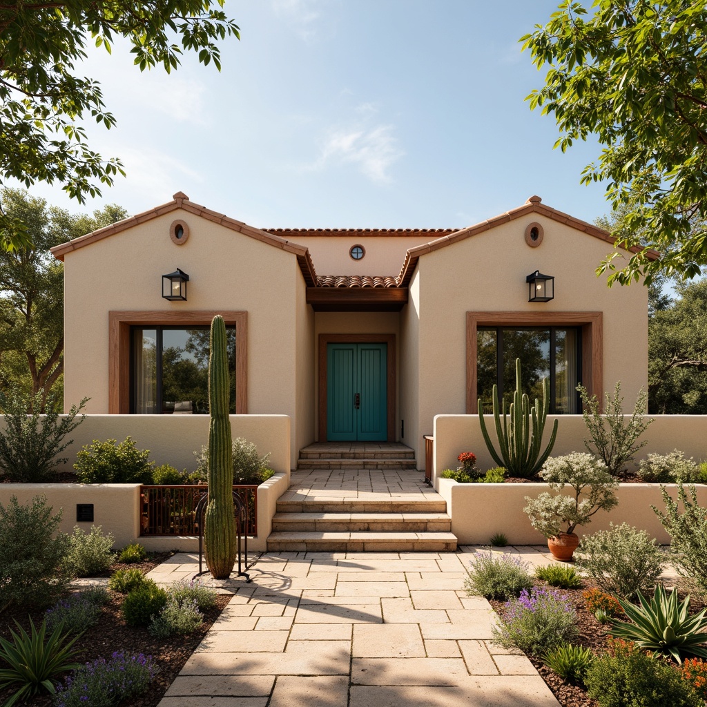 Prompt: Earth-toned villa, stucco exterior, warm beige walls, terracotta roof tiles, wooden accents, natural stone flooring, vibrant turquoise doors, rusty metal gates, lush greenery, cacti plants, desert flowers, warm sunny day, soft warm lighting, shallow depth of field, 3/4 composition, panoramic view, realistic textures, ambient occlusion.