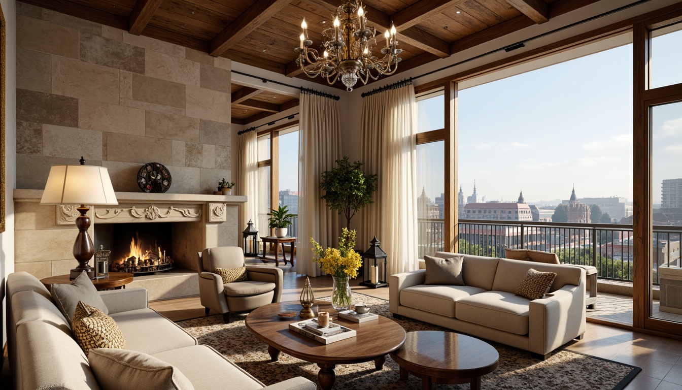 Prompt: Luxurious penthouse, French country style decor, ornate chandeliers, distressed wood beams, natural stone walls, plush area rugs, velvet sofas, antique armchairs, carved wooden coffee tables, crystal vases, fresh flower arrangements, elegant drapery, sheer curtains, soft warm lighting, rustic metal lanterns, vintage decorative accents, refined color palette, cream tones, beige hues, rich fabrics, comfortable seating areas, cozy reading nooks, panoramic city views, floor-to-ceiling windows, balconies with ornate railings.