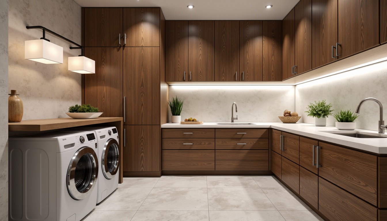 Prompt: Elegant laundry room, luxurious cabinets, rich wood tones, metallic hardware, soft-close drawers, ample storage space, modern appliances, sleek countertops, ceramic tiles, under-cabinet lighting, pendant lamps, minimalist decor, airy atmosphere, natural materials, warm color palette, 1/2 composition, shallow depth of field, realistic textures.