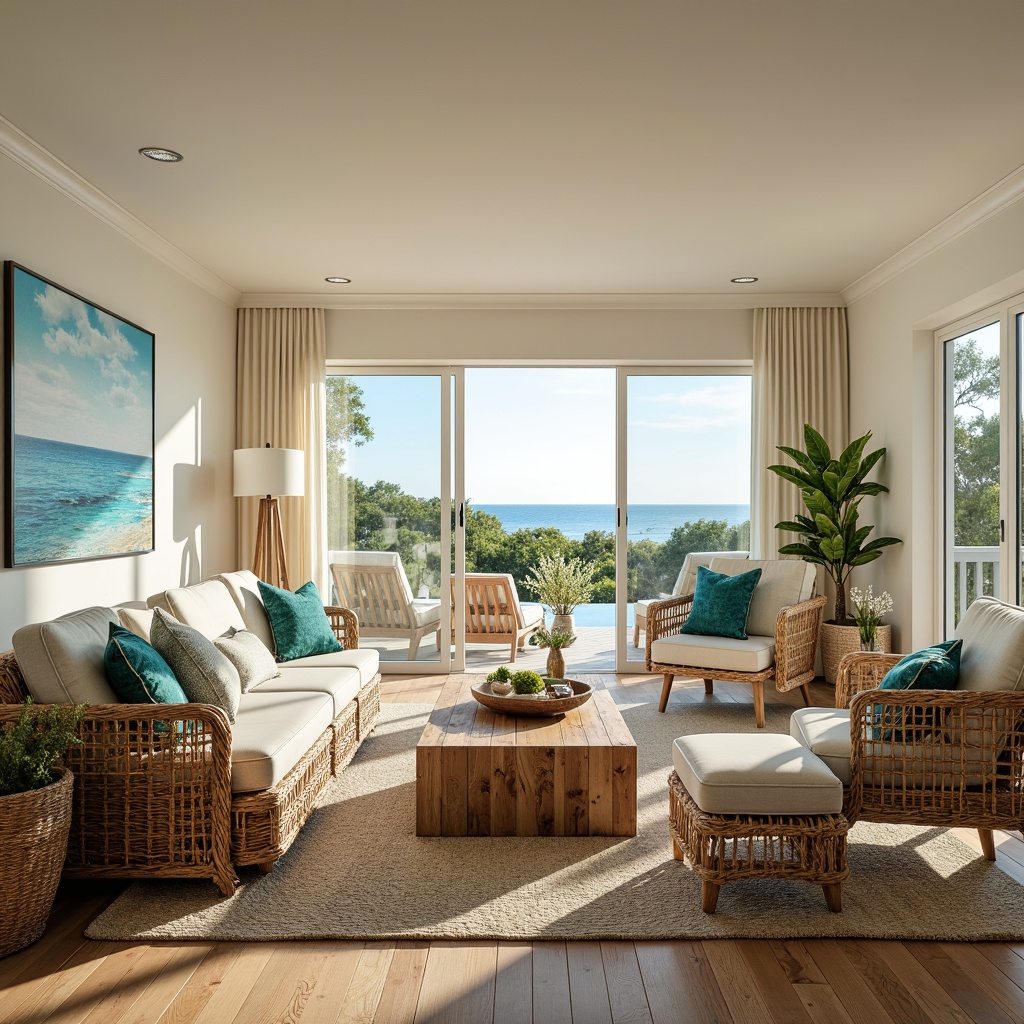 Prompt: Coastal-style living room, natural wicker furniture, plush blue-green cushions, driftwood coffee table, jute rug, nautical rope accents, ocean-inspired artwork, soft creamy lighting, airy atmosphere, floor-to-ceiling windows, sliding glass doors, beachy views, comfortable conversation circle, 1/2 composition, warm sunny day, realistic textures, ambient occlusion.