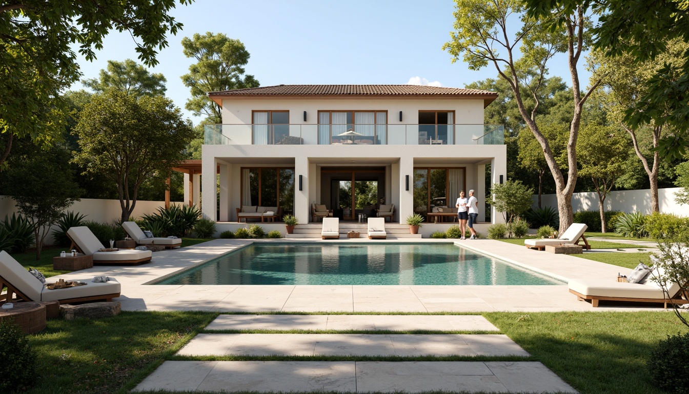 Prompt: Grand villa facade, Mediterranean style architecture, elegant courtyard, lush greenery, tranquil water features, infinity pool, comfortable lounge chairs, shaded outdoor spaces, warm natural stone flooring, rustic wooden accents, soft warm lighting, shallow depth of field, 3/4 composition, panoramic view, realistic textures, ambient occlusion.