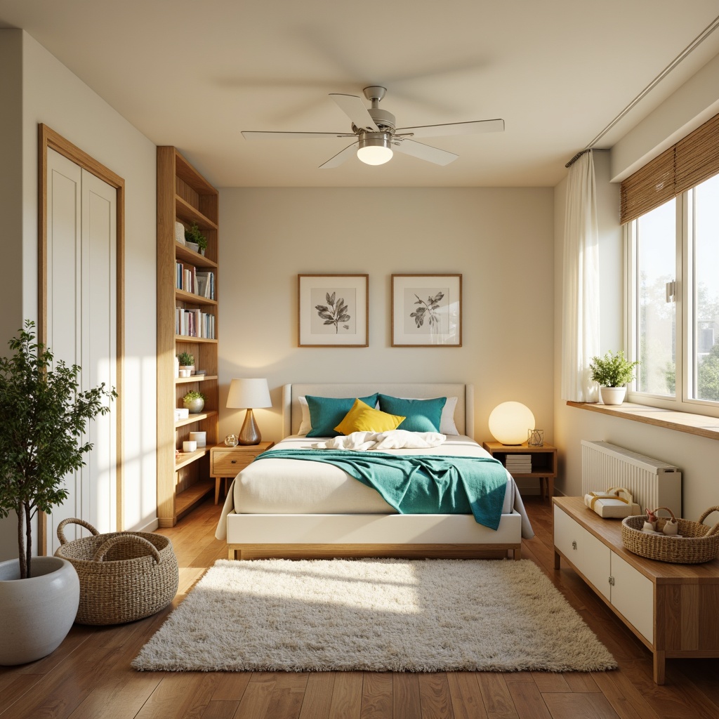 Prompt: Cozy dorm room, soft warm lighting, calming color palette, pastel shades, gentle beige walls, creamy white furniture, rich wood accents, plush area rug, vibrant turquoise bedding, bold yellow decorative pillows, natural woven baskets, minimal modern decor, clean lines, subtle textures, shallow depth of field, 1/1 composition, realistic rendering.