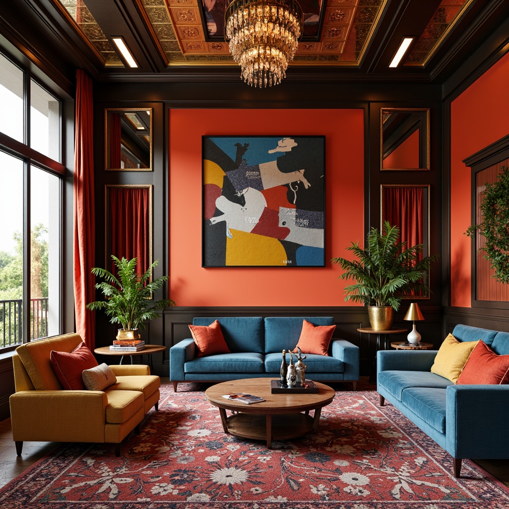 Prompt: Vibrant postmodern interior, bold color contrast, eclectic furniture, abstract artwork, textured rugs, metallic accents, ornate mirrors, lavish chandeliers, geometric patterns, luxurious fabrics, rich wood tones, avant-garde decor, dramatic lighting, shallow depth of field, 1/1 composition, realistic textures, ambient occlusion.