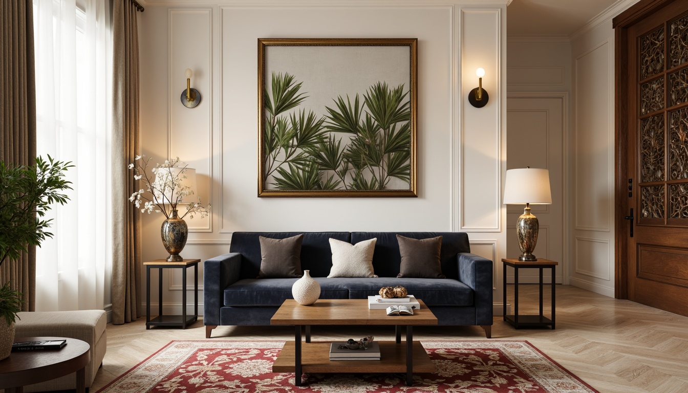 Prompt: Elegant living room, plush velvet sofa, ornate wooden coffee table, luxurious golden lighting fixtures, richly patterned area rug, creamy white walls, subtle texture accents, sophisticated decorative vases, lavish greenery, modern metallic side tables, intricate carved wooden paneling, soft warm glow, shallow depth of field, 1/1 composition, realistic reflections, ambient occlusion.