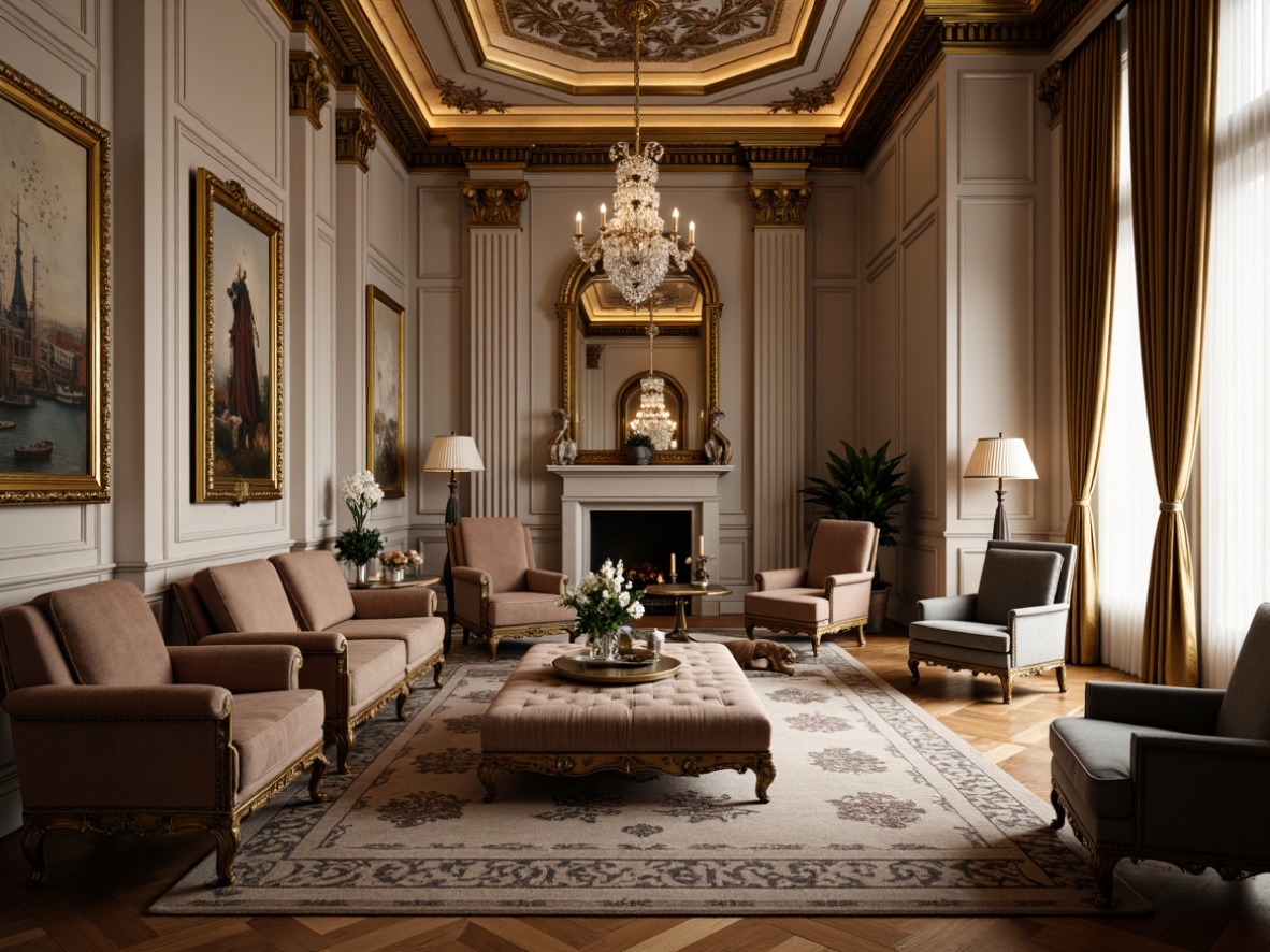 Prompt: Elegant neoclassical interior, ornate furnishings, velvet upholstery, gilded frames, intricate carvings, luxurious fabrics, tufted ottomans, carved wooden legs, marble tops, crystal chandeliers, soft warm lighting, subtle shading, 1/2 composition, shallow depth of field, realistic textures, ambient occlusion, sophisticated color palette, rich wood tones, creamy whites, subtle gold accents.