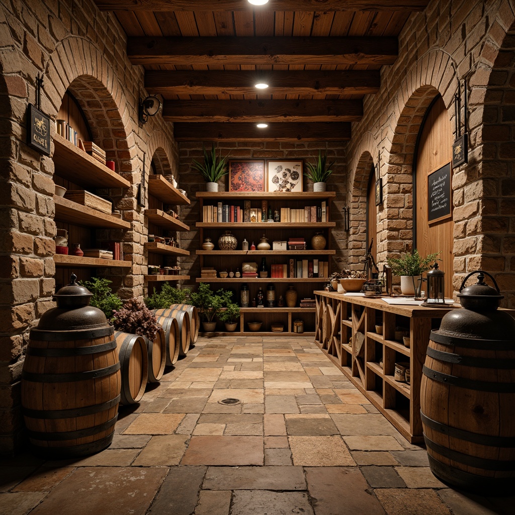 Prompt: Rustic wine cellar, reclaimed wood shelving, distressed metal accents, earthy stone walls, dim warm lighting, wooden barrel heads, vintage wine-making tools, aged brick archways, rich leather-bound tomes, ornate metal lanterns, worn stone floors, natural wood grain textures, ambient occlusion, soft focus effect, 1/2 composition, atmospheric perspective.