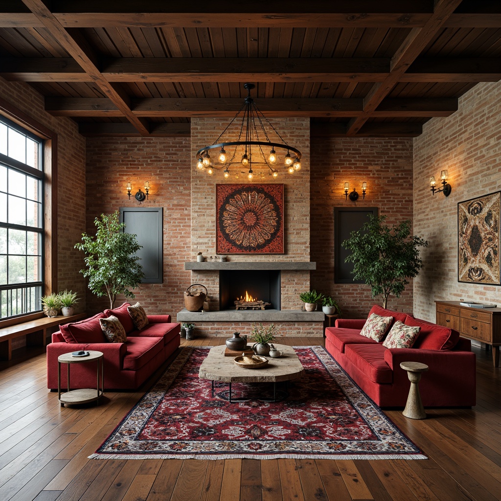 Prompt: Rustic-chic living room, reclaimed wood flooring, exposed brick walls, industrial metal beams, luxurious velvet sofas, Moroccan-inspired tiles, eclectic artwork, statement lighting fixtures, rich jewel-toned rugs, natural stone coffee tables, earthy color palette, bohemian vibe, warm ambient lighting, shallow depth of field, 1/2 composition, intimate atmosphere.