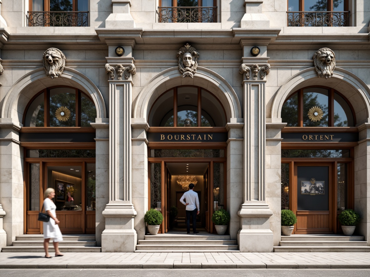 Prompt: Elegant bank facade, ornate stonework, arched windows, stained glass details, grand entrance, imposing columns, rusticated base, symmetrical composition, classical motifs, subtle Art Deco influences, refined metalwork, polished wood accents, soft neutral lighting, shallow depth of field, 1/2 composition, realistic textures, ambient occlusion.