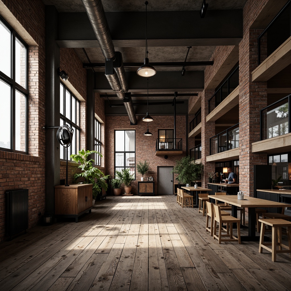 Prompt: Exposed brick walls, metal beams, reclaimed wood floors, industrial-chic lighting fixtures, vintage machinery parts, distressed finishes, urban loft atmosphere, converted warehouse space, modern minimalist decor, functional raw concrete, steel frame structures, eclectic mix of textures, moody atmospheric lighting, cinematic composition, gritty urban feel, desaturated color palette, high contrast ratio, 3/4 composition, panoramic view.