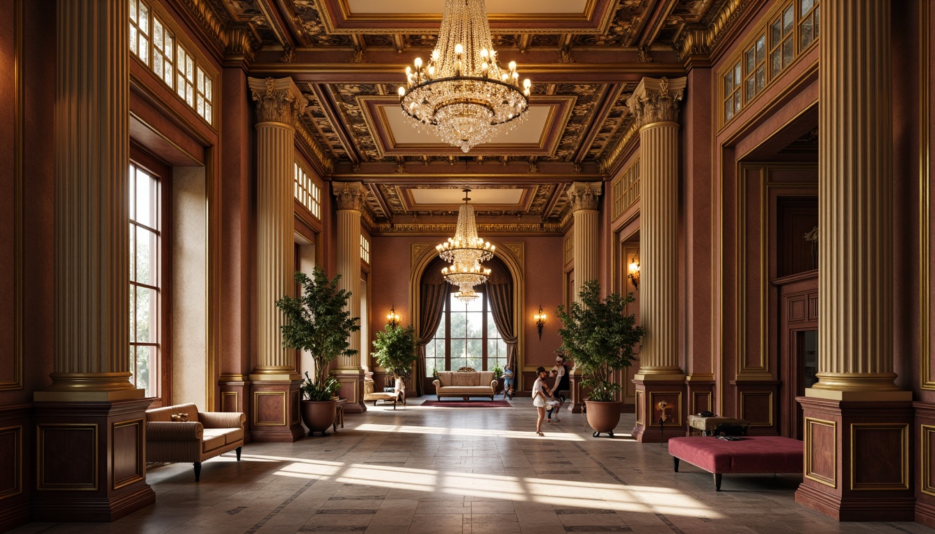 Prompt: Ornate molding details, grandiose interior spaces, neoclassical architecture, high ceilings, intricate plasterwork, ornamental cornices, classical columns, elegant pilasters, luxurious chandeliers, refined wood paneling, polished marble floors, velvet drapes, gold leaf accents, subtle warm lighting, soft focus, 1/2 composition, atmospheric perspective, realistic textures, ambient occlusion.