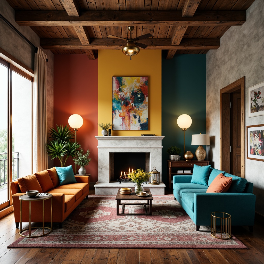 Prompt: Eclectic living room, bold accent walls, rich wood flooring, plush velvet sofas, metallic gold lighting fixtures, abstract artwork, patterned rugs, natural stone fireplaces, reclaimed wood ceiling beams, industrial metal decor, vibrant turquoise accents, soft warm glow, shallow depth of field, 1/1 composition, realistic textures, ambient occlusion.