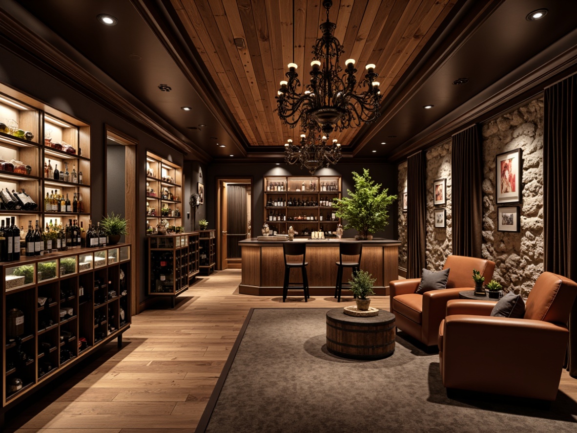 Prompt: Luxurious wine cellar, dark wood tones, rich leather upholstery, elegant metal accents, dimmable warm lighting, stone walls, wooden barrels, wine racks, glass-enclosed displays, comfortable seating areas, rustic wooden tables, velvet drapes, ambient soft music, sophisticated color palette, ornate chandeliers, refined decorative accessories, functional wine storage systems.