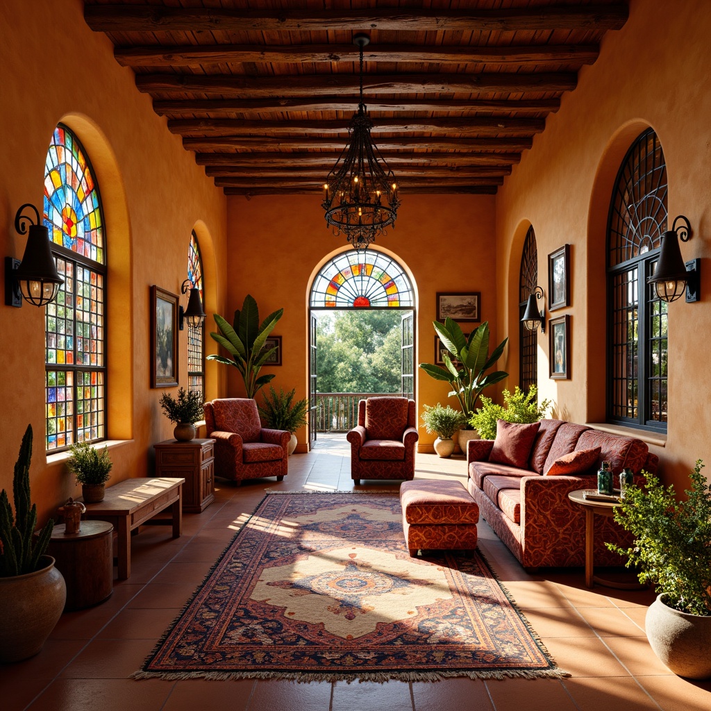 Prompt: Vibrant stained glass windows, southwestern villa interior, warm earthy tones, terracotta floors, rustic wooden beams, ornate metalwork, colorful tapestries, plush furniture, patterned rugs, geometric motifs, arched doorways, soft warm lighting, cozy intimate spaces, 1/1 composition, realistic textures, ambient occlusion.