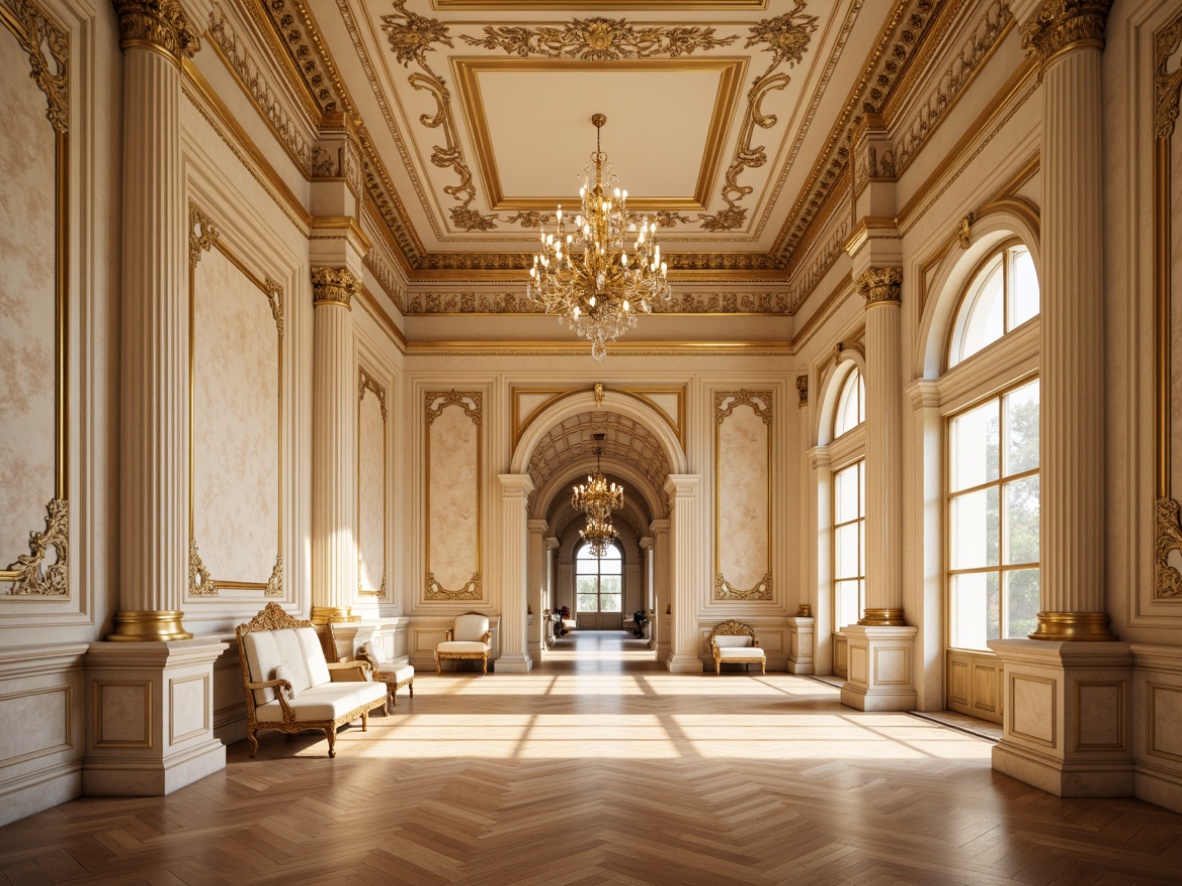 Prompt: Elegant neoclassical interior, ornate moldings, gilded details, creamy marble walls, polished wooden floors, lavish chandeliers, symmetrical compositions, subtle gradient lighting, warm beige tones, velvet upholstery, intricate carvings, decorative cornices, ornamental friezes, stately columns, imposing archways, refined pilasters, majestic proportions, soft focus effect, 1/2 composition, atmospheric perspective.