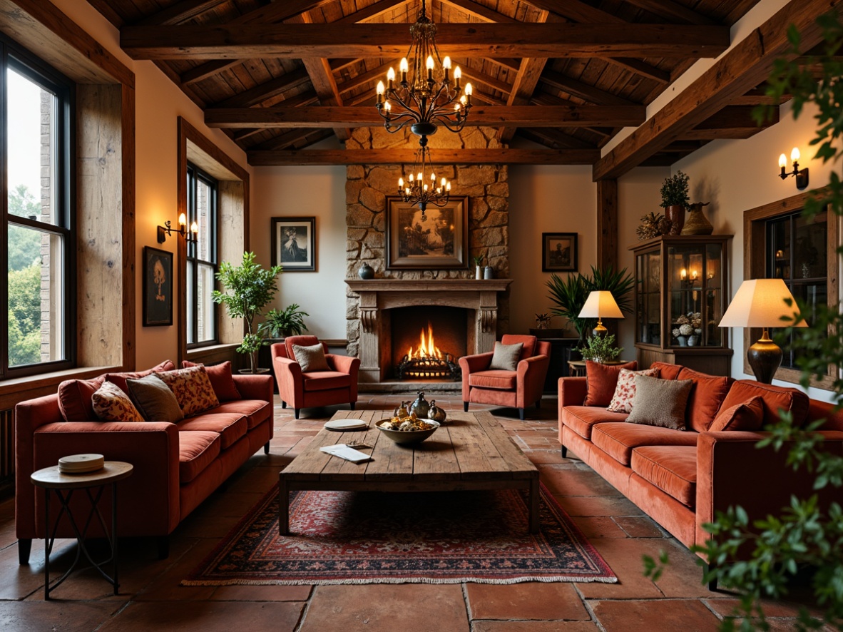 Prompt: Rustic wooden accents, vintage metal frames, plush velvet upholstery, reclaimed wood tables, distressed leather sofas, ornate bronze fixtures, earthy terracotta floors, natural stone walls, warm candlelight ambiance, cozy fireplaces, elegant chandeliers, soft golden lighting, shallow depth of field, 3/4 composition, panoramic view, realistic textures, ambient occlusion.