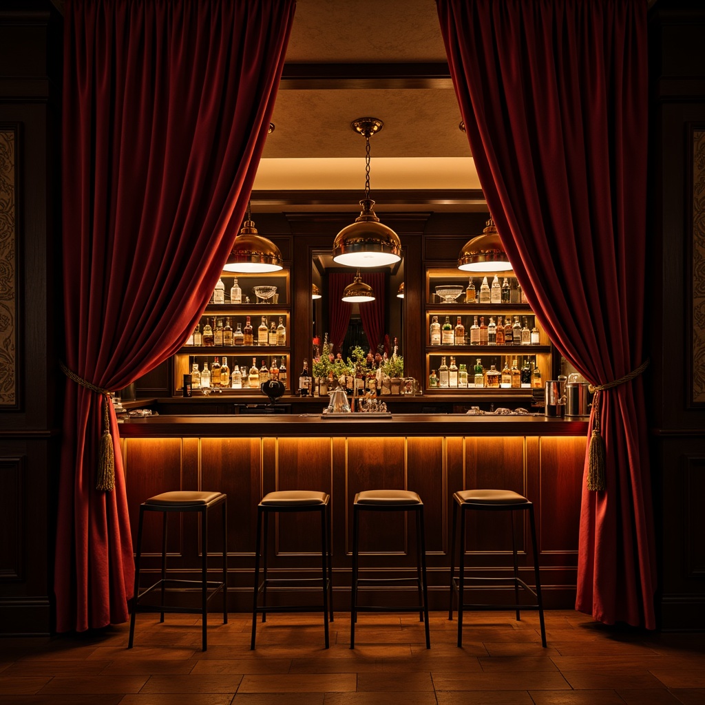 Prompt: Glamorous home bar, luxurious velvet drapes, polished wooden countertop, stylish pendant lights, warm ambient glow, LED strip lighting, modern metal stools, sleek glass shelves, rich wood textures, soft diffused illumination, intimate atmosphere, 1/1 composition, low-key lighting, dramatic shadows, realistic reflections.