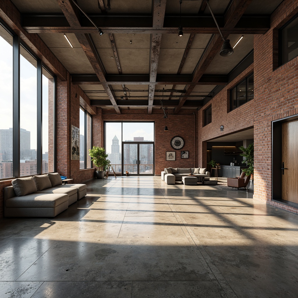 Prompt: Exposed brick walls, polished concrete floors, industrial metal beams, minimalist lighting fixtures, reclaimed wood accents, urban cityscape views, floor-to-ceiling windows, open-plan living spaces, brutalist architectural style, raw unfinished textures, monochromatic color palette, dramatic high ceilings, functional simplicity, atmospheric shadows, warm natural light, 1/1 composition, realistic materials rendering.