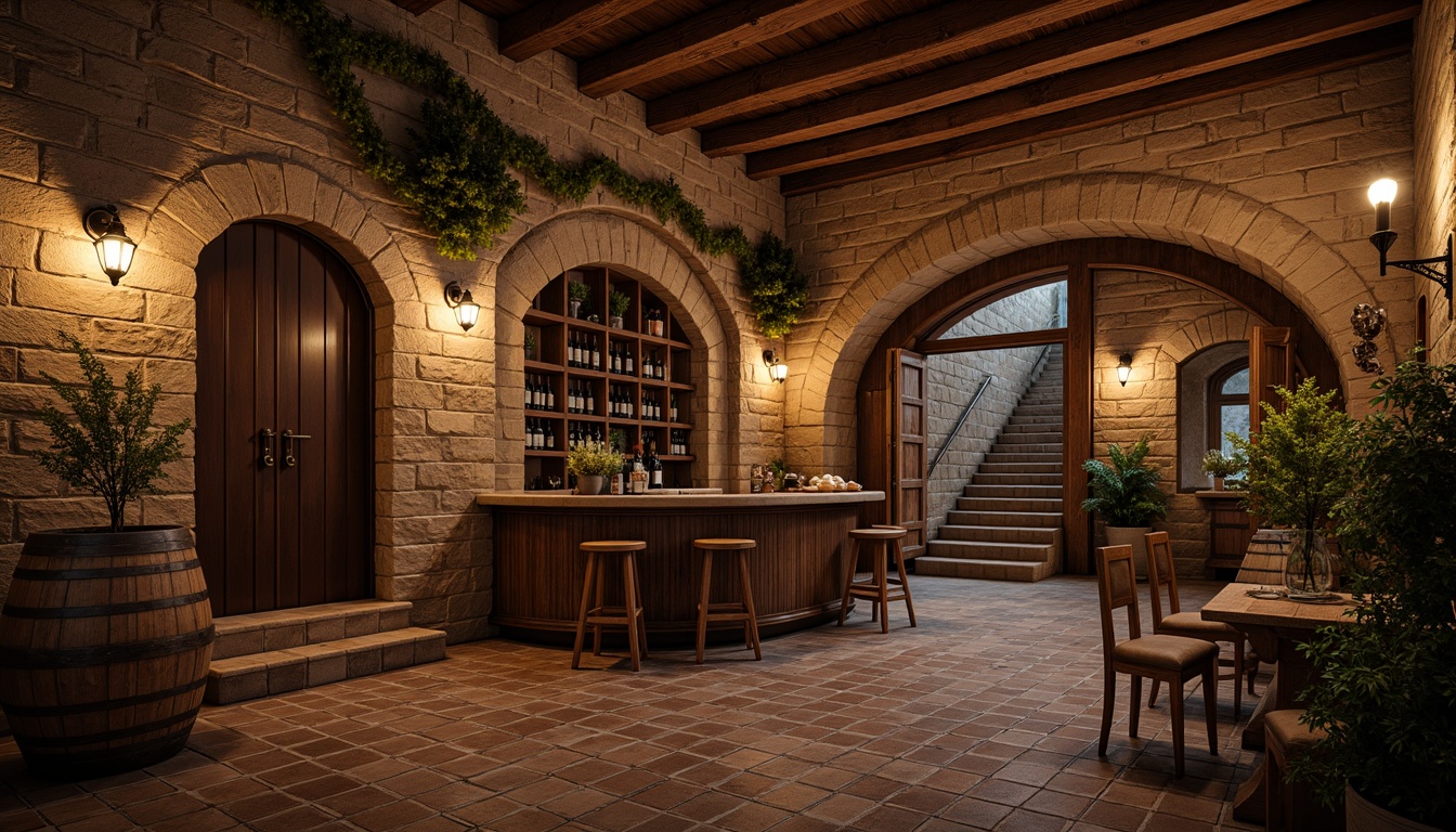 Prompt: Rustic wine cellar, stone walls, earthy tones, wooden barrels, vintage wine bottles, dim warm lighting, arched doorways, brick floors, wooden beams, distressed wood textures, rich brown colors, ornate metalwork, lantern-style lighting, natural stonework, curved staircases, cozy nooks, intimate seating areas, rustic decor, old-world charm, warm ambient glow, shallow depth of field, 2/3 composition, dramatic shadows, realistic renderings.