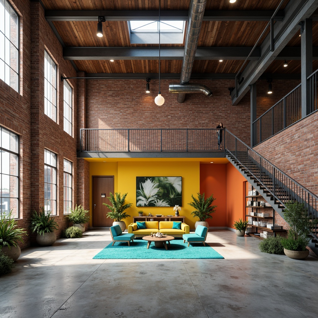 Prompt: Industrial warehouse, exposed brick walls, metal beams, polished concrete floors, bright pops of color, bold yellow accents, vibrant turquoise highlights, deep orange tones, sleek metal shelving, modern industrial lighting, minimalist decor, open floor plan, high ceilings, urban loft feel, natural light pouring in, large windows, 1/2 composition, soft warm glow, realistic textures.