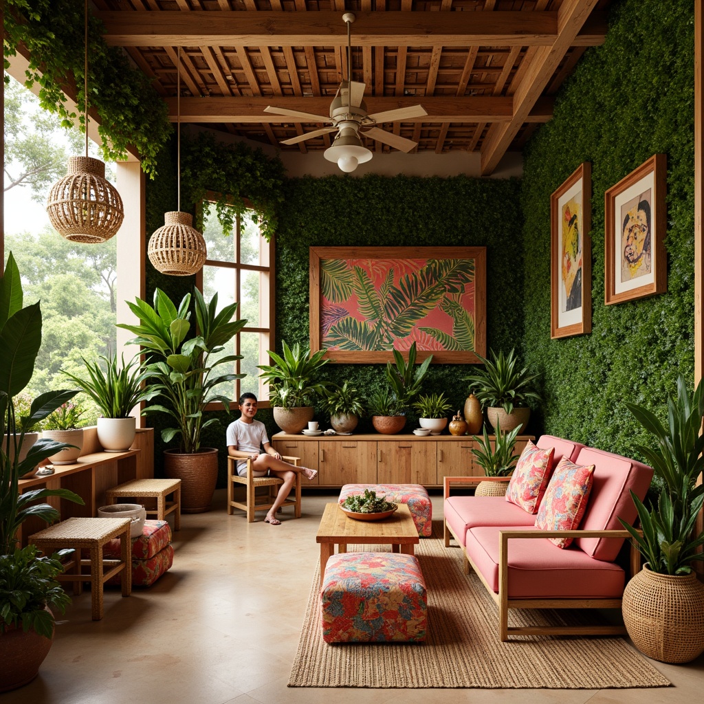 Prompt: Vibrant tropical coffee shop, lush greenery walls, exotic wooden accents, warm beige floors, cozy rattan furniture, colorful tribal patterns, natural textiles, woven baskets, earthy terracotta pots, lush plants, bright coral colors, sunny yellow hues, creamy whites, rich wood tones, soft ambient lighting, 1/2 composition, intimate atmosphere, realistic textures, depth of field.