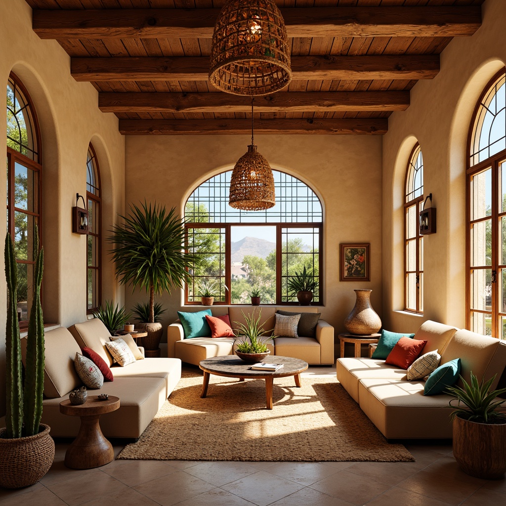 Prompt: Vibrant villa interior, southwestern style decor, warm earthy tones, rustic wooden beams, arched windows, ornate stained glass panels, colorful geometric patterns, intricate tile work, plush furnishings, soft warm lighting, cozy nooks, desert botanicals, cactus plants, sandy beige walls, turquoise accents, woven textiles, natural fiber rugs, distressed wood furniture, vintage decorative items, dramatic ceiling heights, grand chandeliers, warm afternoon sunbeams, shallow depth of field, 3/4 composition.