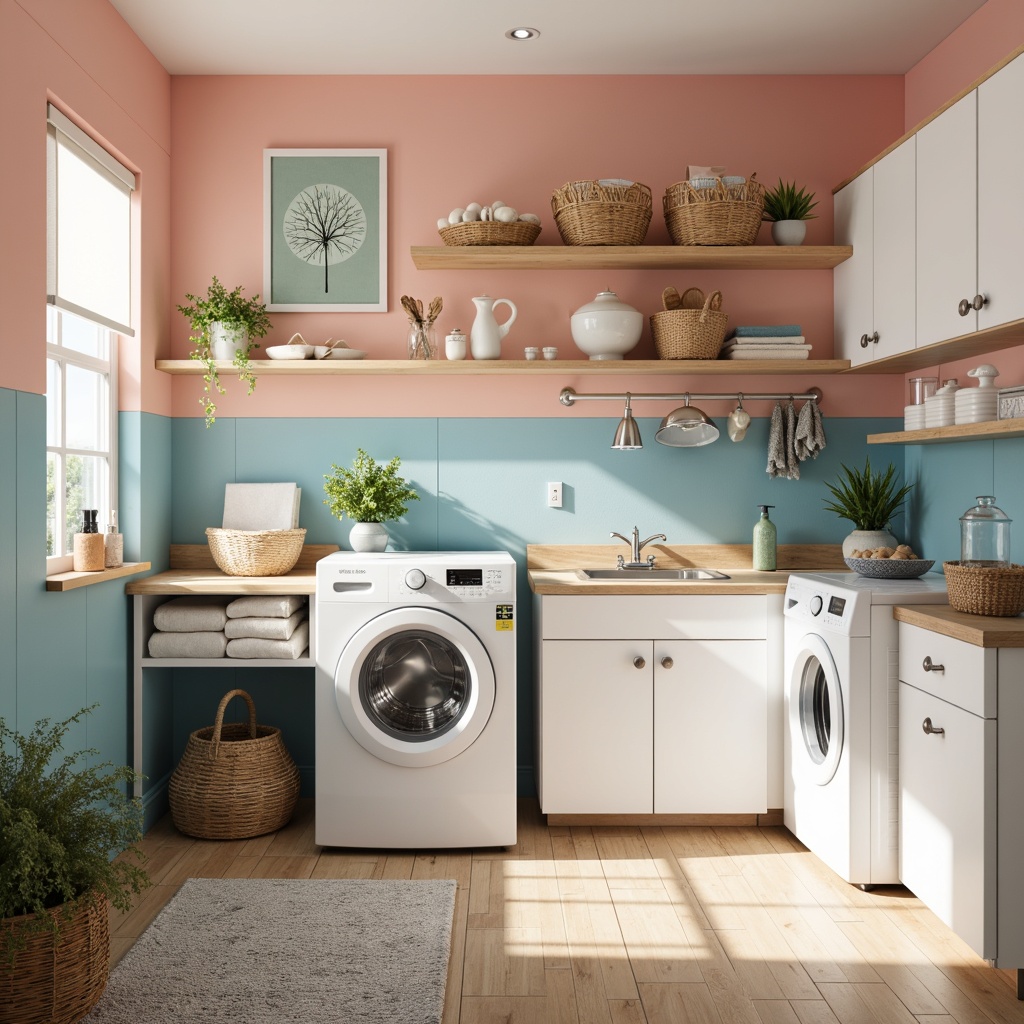 Prompt: Vibrant laundry room, pastel colors, soft peach walls, crisp white cabinets, calming blue accents, natural wood flooring, woven baskets, vintage metal appliances, warm task lighting, airy feel, 1/1 composition, soft focus, realistic textures.