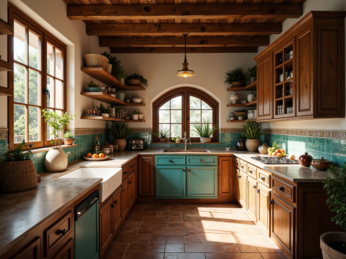 Prompt: Warm Mediterranean kitchen, rustic wooden cabinetry, distressed finishes, ornate metal hardware, soft warm lighting, ambient shadows, earthy terracotta flooring, vibrant turquoise accents, lush greenery, natural stone countertops, woven wicker baskets, aromatic herbs, citrus fruits, vintage ceramic tiles, aged copper fixtures, cozy breakfast nook, sunny morning light, shallow depth of field, 1/1 composition, realistic textures, subtle ambient occlusion.