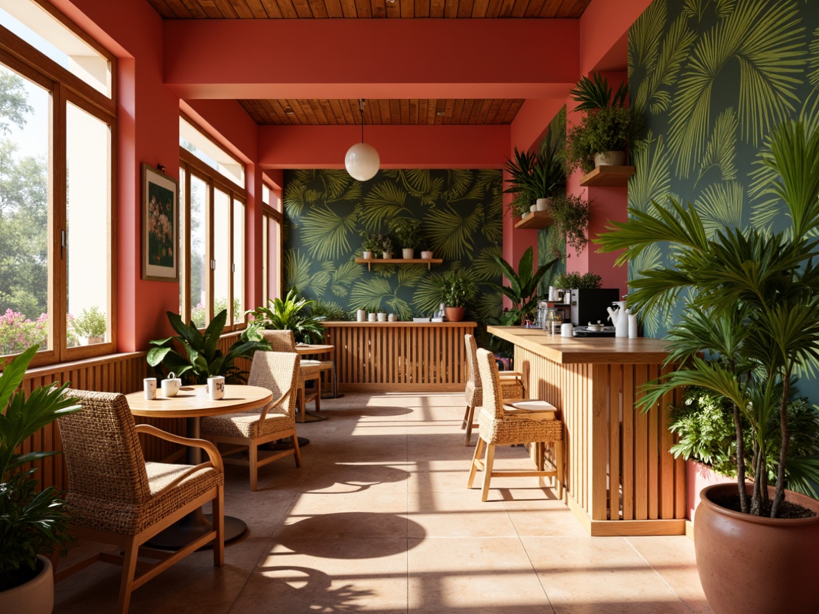 Prompt: Vibrant coffee shop interior, tropical leaf patterns, bright coral walls, warm wooden accents, rattan furniture, natural fiber textiles, lush greenery, exotic flower arrangements, terracotta planters, earthy ceramic tiles, sunny daylight, soft warm lighting, shallow depth of field, 3/4 composition, panoramic view, realistic textures, ambient occlusion.