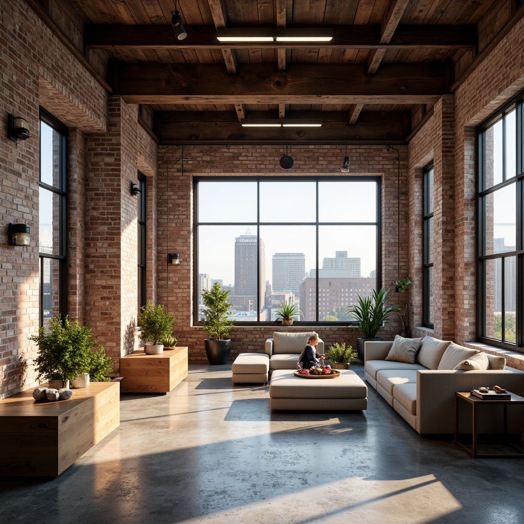 Prompt: Exposed brick walls, polished concrete floors, industrial metal beams, raw wood accents, urban cityscape views, large warehouse windows, minimalist decor, functional simplicity, brutalist architectural style, open-plan living space, high ceilings, natural light pouring in, warm atmospheric lighting, shallow depth of field, 1/2 composition, realistic textures, ambient occlusion.