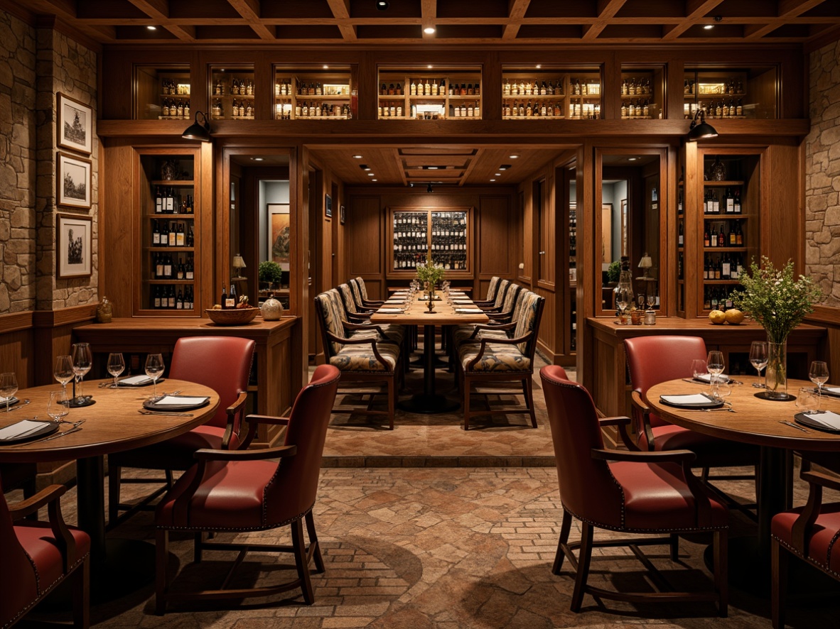 Prompt: Luxurious wine cellar, rich wood tones, dimmed warm lighting, stone walls, ornate metalwork, leather-bound wine crates, glass-enclosed wine racks, elegant wooden tables, velvet-upholstered armchairs, rustic brick floors, ambient soft glow, shallow depth of field, 1/2 composition, warm color palette, realistic textures.