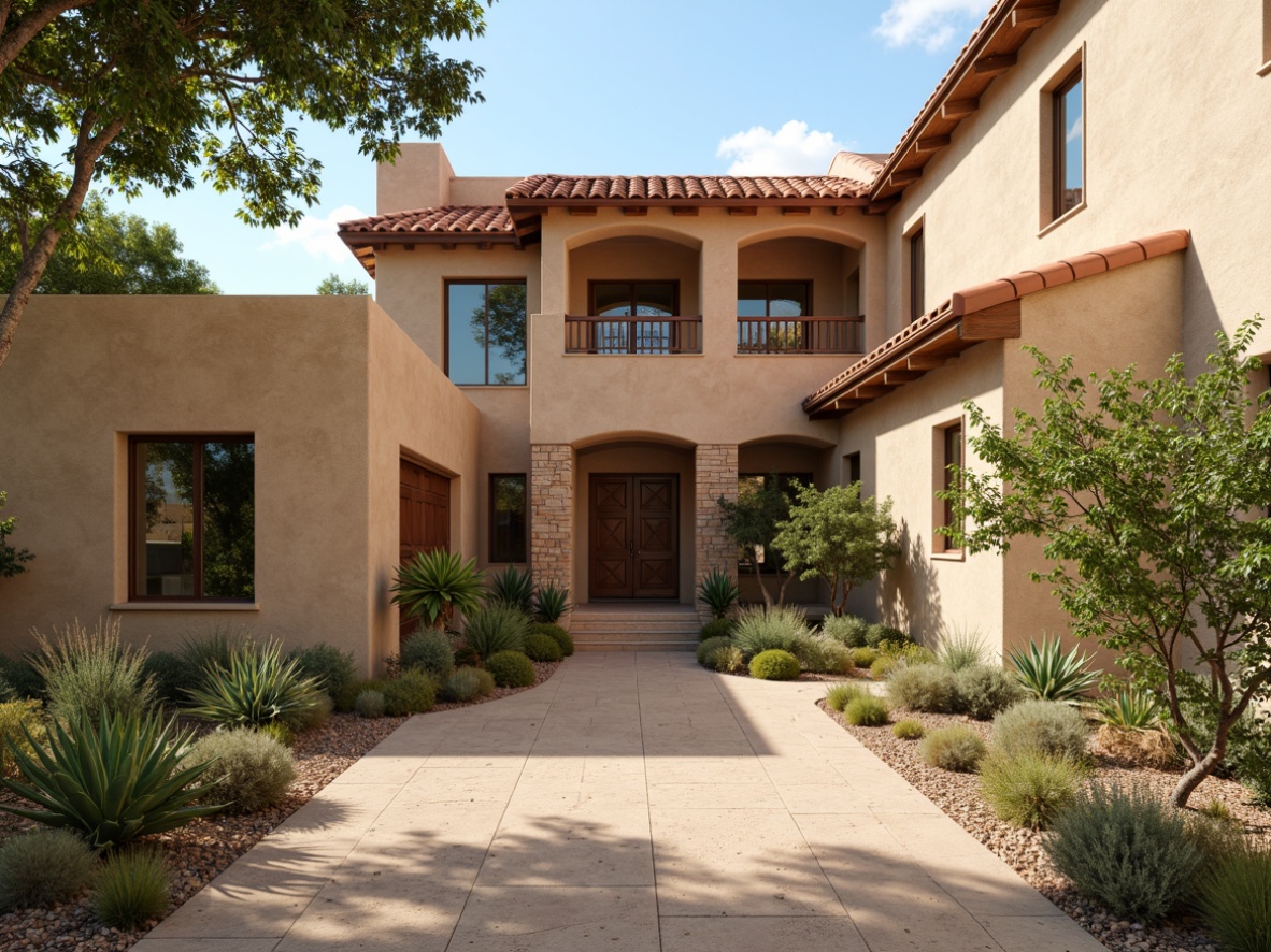 Prompt: Earthy southwestern villa, warm beige stucco exterior, rusty red terra cotta roof tiles, soft sandy walkways, ornate wooden doors, vibrant turquoise accents, natural stone columns, lush green succulents, desert flora, sunny afternoon light, shallow depth of field, 1/1 composition, realistic textures, ambient occlusion.