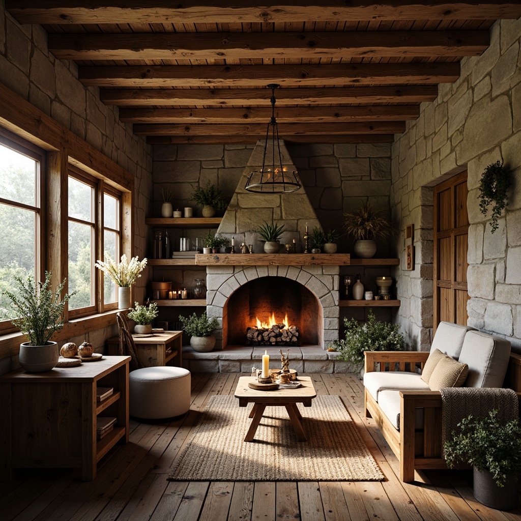 Prompt: Rustic cabin interior, natural stone walls, reclaimed wood beams, wooden floorboards, earthy color palette, woven textiles, potted plants, vintage furniture pieces, distressed metal accents, candles and lanterns, warm cozy lighting, shallow depth of field, 1/1 composition, intimate atmosphere, organic shapes, nature-inspired patterns, earthy aromas, crackling fireplace sounds.