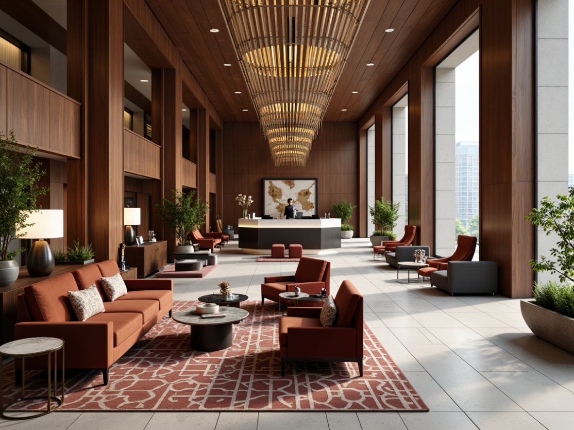 Prompt: Rich wood tones, luxurious upholstery, sleek metal frames, velvet pillows, marble coffee tables, geometric patterned rugs, modern minimalist chandeliers, natural stone flooring, neutral color palette, sophisticated banking atmosphere, high ceilings, large windows, urban city views, professional business settings, elegant reception desks, comfortable client lounges, warm task lighting, subtle texture overlays, 1/1 composition, realistic material reflections.