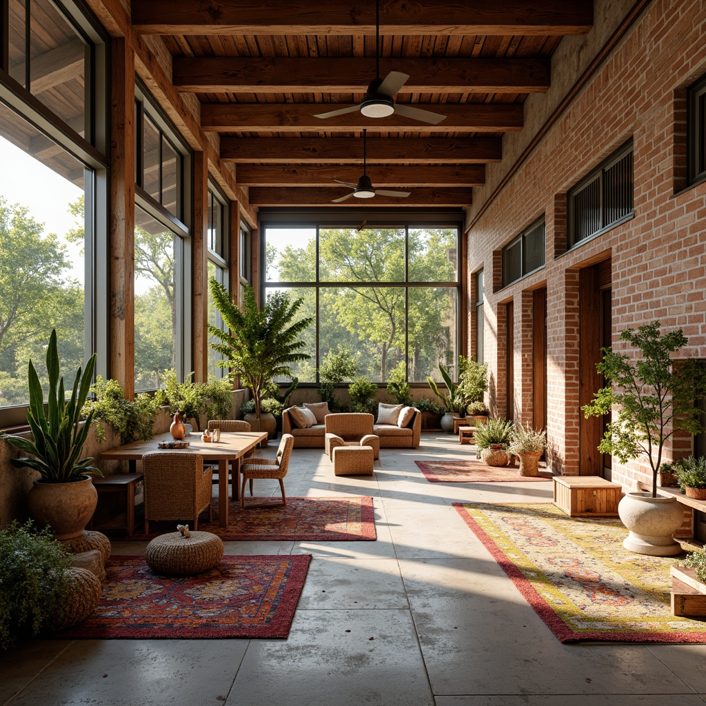 Prompt: Vibrant community center, earthy tones, natural materials, wooden accents, exposed brick walls, rusted metal beams, distressed concrete floors, woven wicker furniture, colorful patterned rugs, eclectic decorative artifacts, lush greenery, abundant natural light, warm inviting atmosphere, shallow depth of field, 1/2 composition, realistic textures, ambient occlusion.