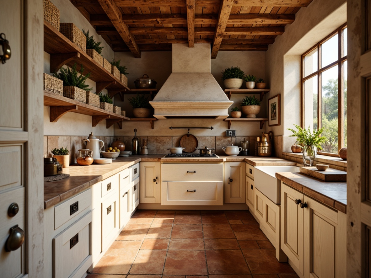 Prompt: Warm Mediterranean pantry, earthy terracotta floors, rustic wooden shelves, distressed finishes, ornate metal hardware, creamy white cabinets, natural stone countertops, woven wicker baskets, vintage ceramic tiles, soft warm lighting, shallow depth of field, 3/4 composition, panoramic view, realistic textures, ambient occlusion.