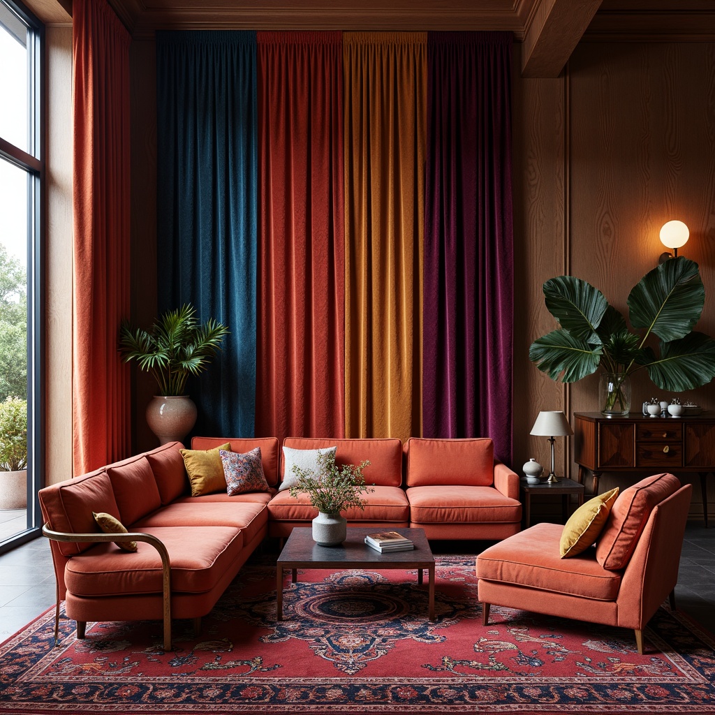 Prompt: Luxurious velvet fabrics, rich jewel-toned colors, ornate patterns, soft gentle textures, metallic accents, subtle sheen, intricate embroidery, elegant drapery, sophisticated upholstery, plush area rugs, statement pieces, vibrant accent walls, refined minimalism, natural light filtration, warm atmospheric ambiance, softbox lighting, 3/4 composition, realistic fabric simulations.