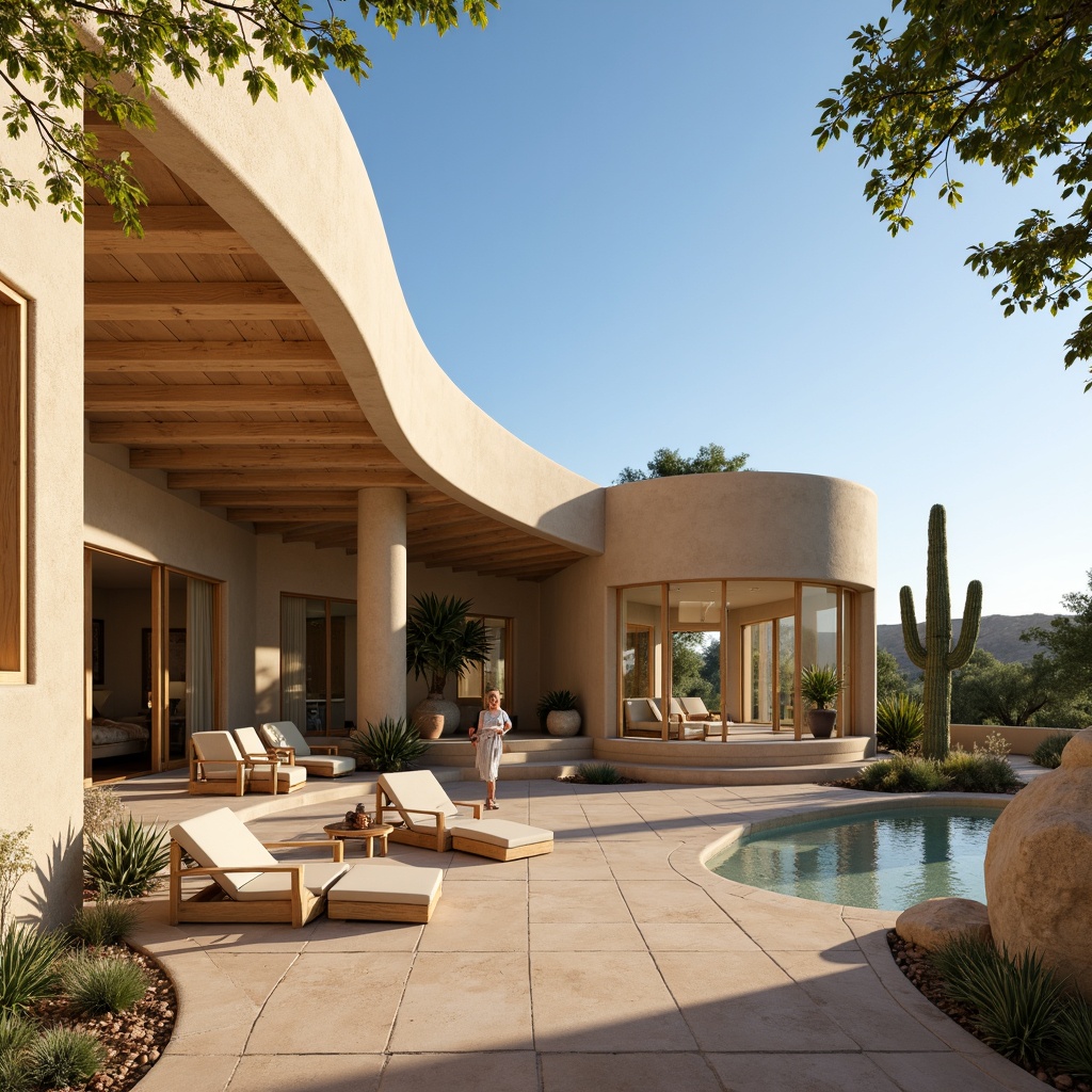 Prompt: Southwestern-style villa, adobe architecture, earthy tones, curved lines, stucco walls, wooden accents, large windows, sliding glass doors, clerestory windows, skylights, open floor plans, minimal obstructions, reflective interior surfaces, creamy white ceilings, warm beige flooring, natural textiles, woven fibers, lush greenery, cacti plants, succulents, desert landscape, blue sky, sunny day, soft warm lighting, shallow depth of field, 3/4 composition, panoramic view, realistic textures, ambient occlusion.