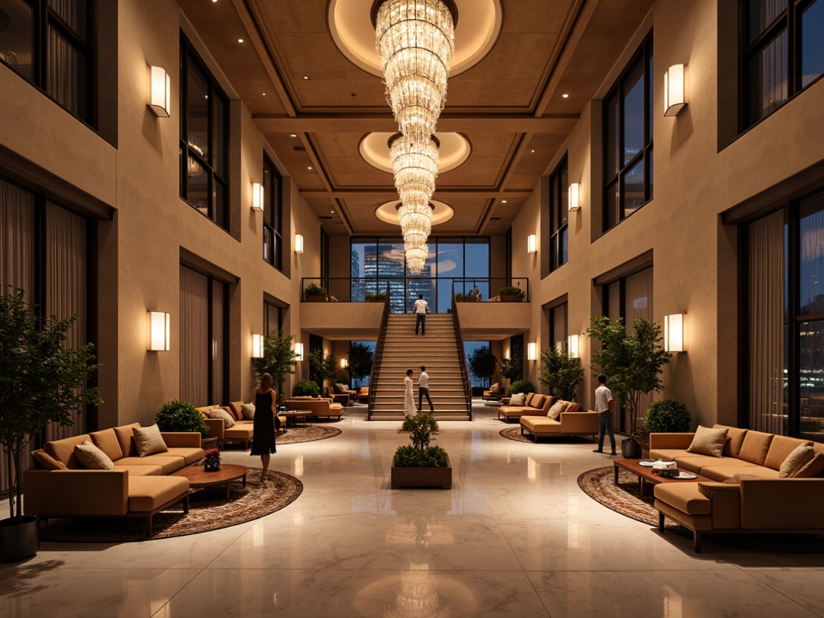 Prompt: Cozy hotel lobby, warm ambient lighting, soft glow chandeliers, marble floors, elegant furnishings, grand staircase, luxurious textiles, rich wood tones, atmospheric dimming, LED ceiling lights, floor lamps, table lamps, pendant lights, natural daylight, sheer curtains, panoramic windows, cityscape views, warm color temperatures, high-contrast ratios, 1/1 composition, realistic reflections, soft shadows, ambient occlusion.