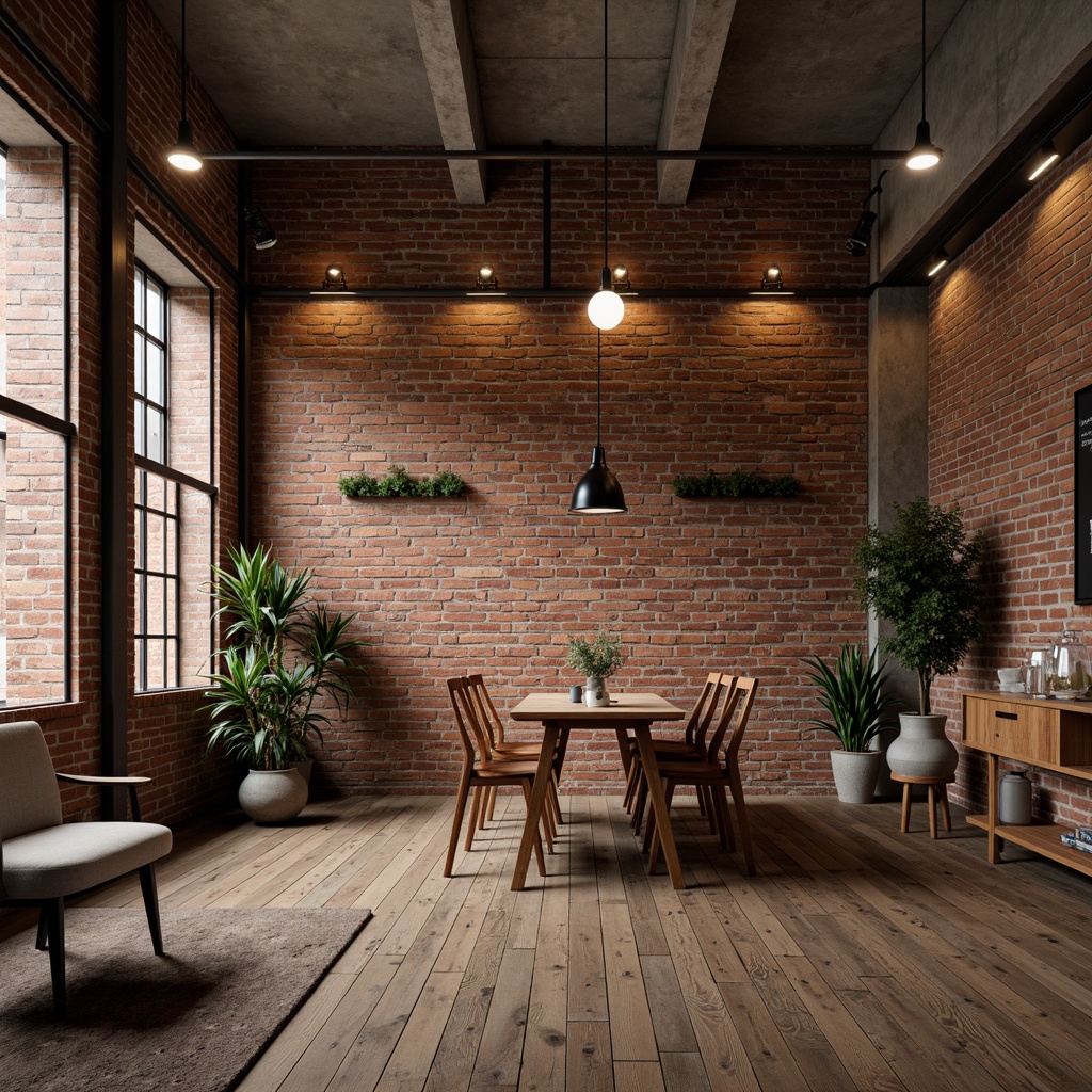 Prompt: Exposed brick walls, metal beams, reclaimed wood floors, industrial chic decor, dimmable LED lights, metal shade fixtures, Edison bulbs, minimalist pendant lamps, concrete ceilings, urban loft atmosphere, warm color temperature, soft box lighting, 1/1 composition, shallow depth of field, realistic textures, ambient occlusion.