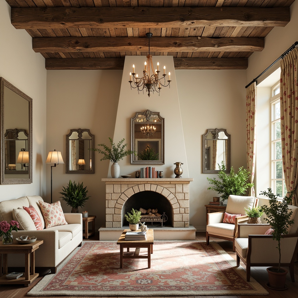 Prompt: Rustic French country-style apartment, distressed wood accents, vintage furniture pieces, soft pastel hues, ornate mirrors, floral patterns, elegant chandeliers, cream-colored walls, rough-hewn stone fireplaces, worn brick archways, aged wooden ceiling beams, lavish drapery, plush area rugs, warm golden lighting, subtle texture mapping, 1/2 composition, intimate atmosphere, cozy reading nooks.