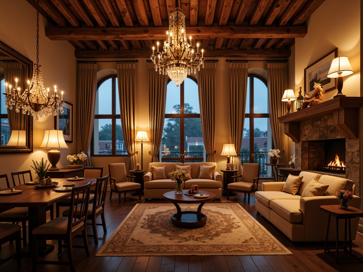 Prompt: Luxurious penthouse, French country style, soft warm lighting, candelabras, ornate chandeliers, crystal drops, rustic wooden beams, stone walls, cozy fireplace, plush furnishings, velvet drapes, golden accents, distressed finishes, vintage decor, elegant ambiance, warm color palette, intimate setting, dimmable floor lamps, table lamps, pendant lights, LED strip lighting, romantic mood, 1/1 composition, shallow depth of field, warm glow, soft shadows.