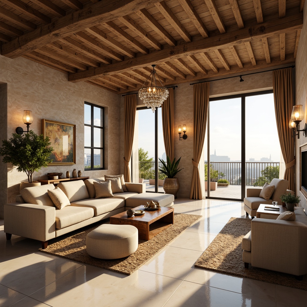 Prompt: Luxurious penthouse, French country style, warm beige stone walls, rustic wooden beams, soft golden lighting, crystal chandeliers, ornate metal fixtures, delicate glass pendant lights, creamy white marble floors, plush area rugs, elegant furnishings, natural fabric upholstery, lavish drapery, scenic city views, panoramic floor-to-ceiling windows, gentle morning light, warm afternoon sunbeams, dramatic evening ambiance, shallow depth of field, 1/1 composition, soft focus, atmospheric lighting.