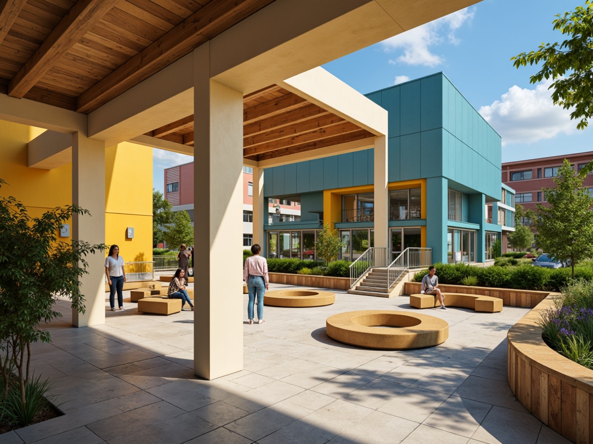 Prompt: Vibrant community center, warm beige walls, rich wood accents, energetic blue tones, playful yellow highlights, natural stone floors, abundant greenery, circular gathering spaces, modern minimalist furniture, sleek metal fixtures, soft warm lighting, shallow depth of field, 3/4 composition, panoramic view, realistic textures, ambient occlusion.