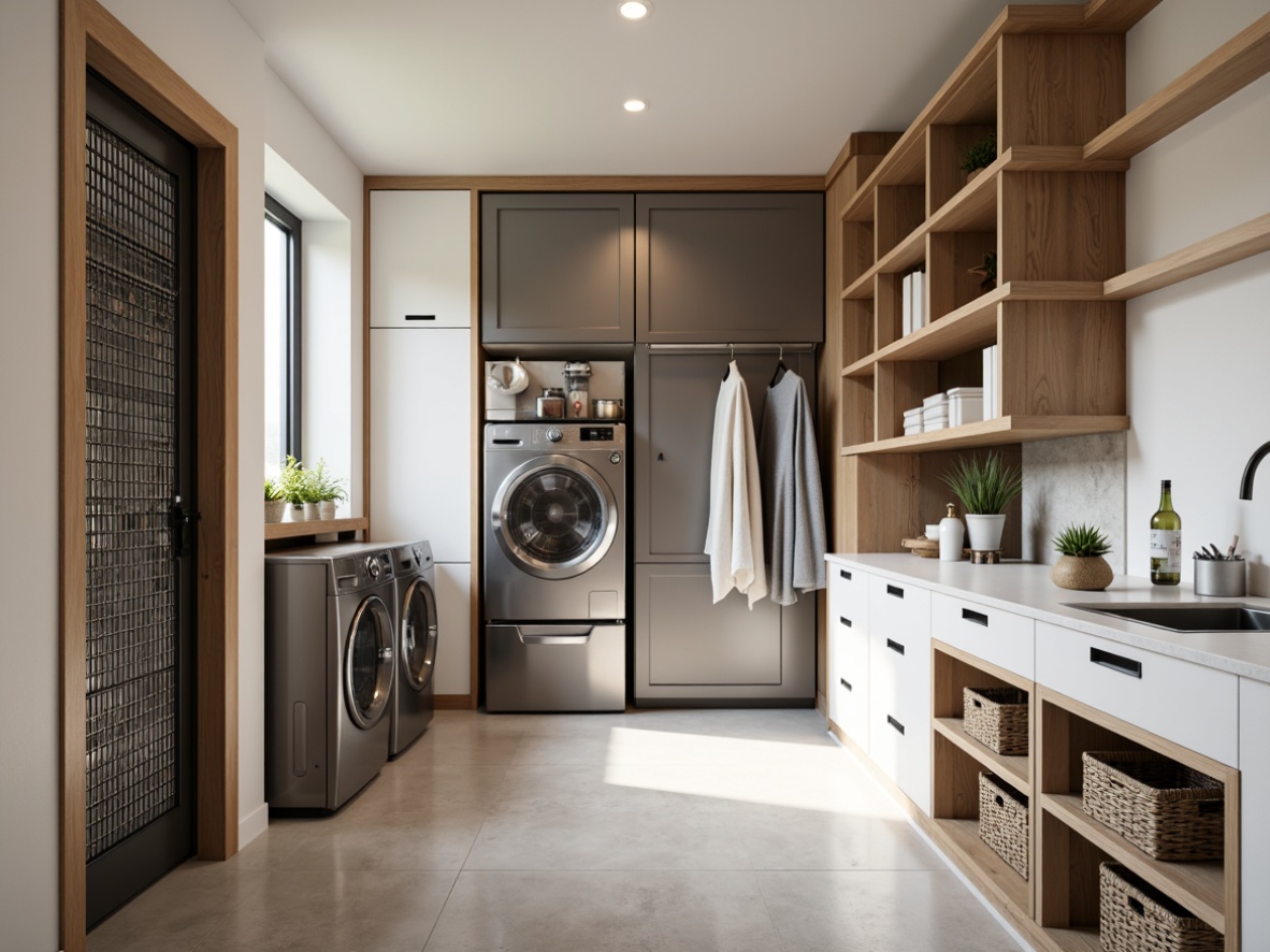 Prompt: Modern laundry room, sleek storage cabinets, stainless steel appliances, white minimalist countertops, industrial-style lighting fixtures, metal grid shelves, woven baskets, natural wood accents, sliding doors, compact storage units, hidden laundry facilities, built-in ironing boards, retractable drying racks, soft warm lighting, shallow depth of field, 1/1 composition, realistic textures, ambient occlusion.