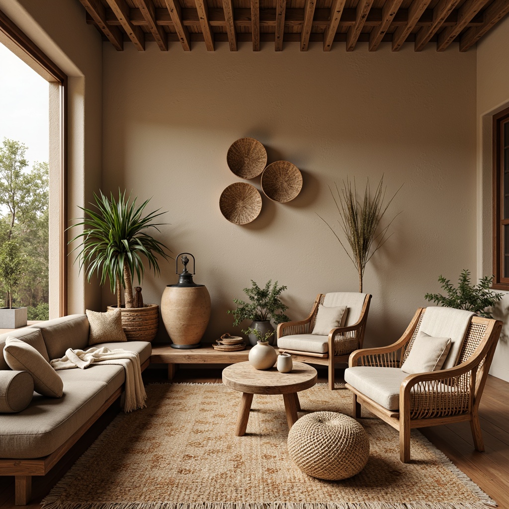 Prompt: Rustic woven baskets, natural fiber rugs, earthy tone fabrics, woven bamboo chairs, distressed wood accents, vintage metal lanterns, warm beige walls, cozy throw blankets, handmade ceramic vases, organic shape furniture, nature-inspired patterns, soft warm lighting, shallow depth of field, 3/4 composition, panoramic view, realistic textures, ambient occlusion.